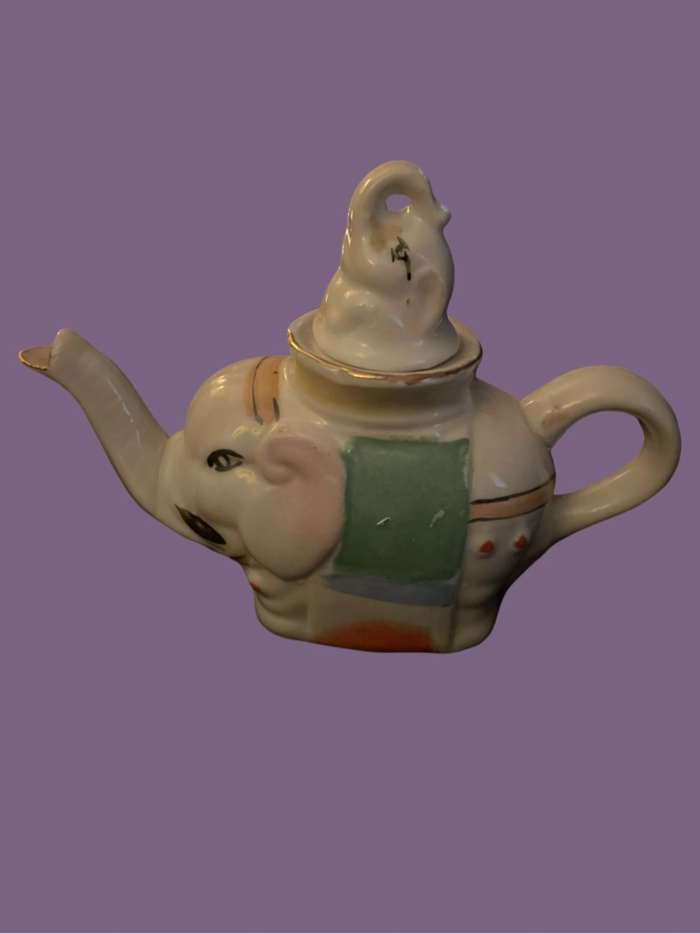 Vtg Porcelain Elephant Teapot W/Baby Elephant Lid - Hand Painted; 4.5” Tall